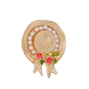 Vintage Gold Plated Alloy Straw Hat Brooch With Faux Artificial Pearl And Enamel Flower Pin For Women Elegant Accessory Jewelry