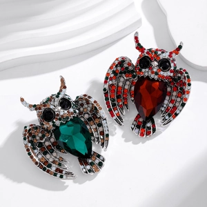 Vintage Alloy Rhinestone Owl Brooch For Women High Grade Red Green Crystal Animal Shape Lapel Pin Jewelry Accessory
