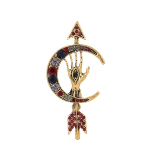 Vintage Zinc Alloy Moon Arrow Hand Of Fatima Brooch For Women Antique Gold Silver Rhinestone Evil Eye Bohemian Breastpin Jewelry Gift