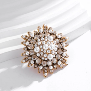 Retro Court Style Sunburst Flower Brooch Alloy Inlaid Artificial Pearl Rhinestone Pin For Women Wedding Party Jewelry
