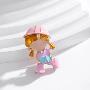 Cute cartoon girl brooch with pink helmet, opal stone face and colorful enamel finish