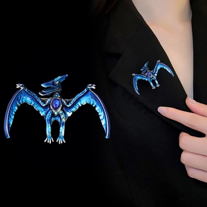 Blue enamel winged dragon brooch with teardrop gem and sparkling rhinestones for suits