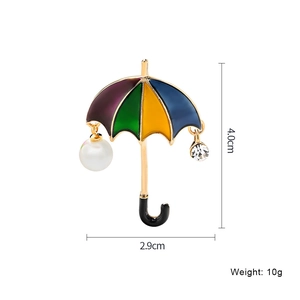 Enamel umbrella brooch with pearl and crystal detail, sized 4.0cm x 2.9cm