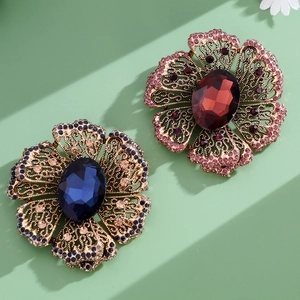 Vintage floral brooches with colorful rhinestones and gold hollow filigree metal base