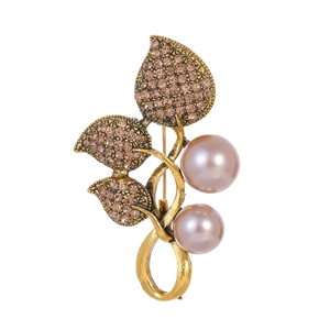 Vintage Alloy Leaf Brooch With Rhinestone And Faux Artificial Pearl Elegant Pin Jewelry For Women Banquet Party Dress Accessories