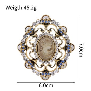 Baroque lady cameo brooch in antique gold finish with crystals and pearls, 7cm x 6cm size