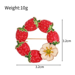 Fashionable strawberry flower ring brooch in red enamel finish with yellow gemstone center