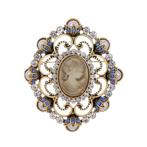 Vintage Baroque Gold Plated Alloy Brooch With Cameo Portrait Rhinestone And Artificial Pearl For Women Fashion Jewelry