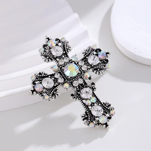 Vintage hollow cross brooch pendant with sparkling crystals in antique silver finish