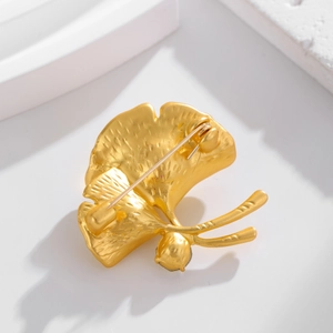 Matte gold ginkgo leaf brooch with pearl and rhinestones for elegant clothes styling