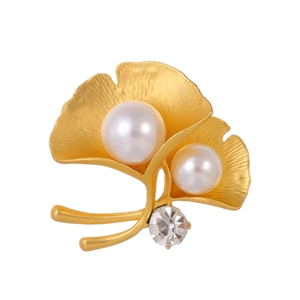 Ginkgo Leaf Brooch Matte Gold Alloy With Artificial Pearls And Rhinestones Elegant Anti-Exposure Pin For Women Jacket Dress