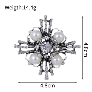 Vintage geometric cross brooch with pearls and crystals in retro silver finish