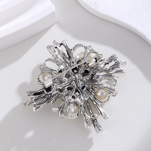 Silver geometric brooch with pearls for scarves and coats in minimalist retro style