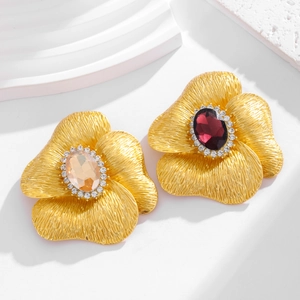 Spilla a Fiore in Oro Opaco Vintage per Donna Lega Strass Pietra Ovale Intarsiata Lusso Floreale Botanico Gioielli