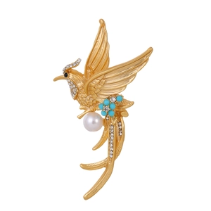 Vintage Phoenix Bird Brooch Pin Matte Gold Alloy With Artificial Pearl Rhinestone Crystal Elegant Jewelry Gift For Women