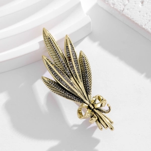 Vintage gold wheat ear brooch with ribbon bow and micro-paved rhinestones for women