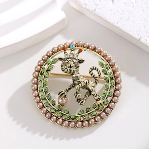 Broche Tigre en Alliage d'Or Antique Vintage Avec Couronne Künstliche Perles Roses Et Strass Verts pour Femmes Bijoux Épingle Animale Ronde