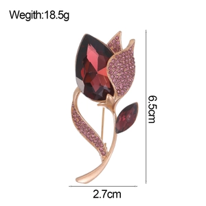 Elegant red glass tulip flower brooch with rose gold finish and size dimensions