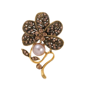 Vintage golden peony flower brooch with champagne rhinestones and purple pearl detail