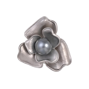 Vintage gold plated flower earrings with elegant gray pearl and brushed metal texture