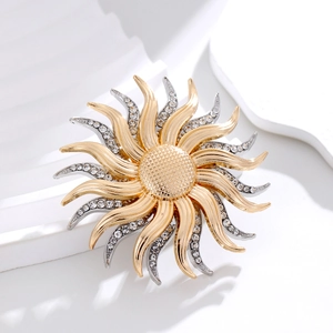 Vintage Luxury Two-Tone Sun Flower Brooch Pin Zinc Alloy Rhinestone Radial Firework Shape Pin For Wedding Party Women Jewelry