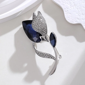 Elegant silver tulip brooch with deep blue crystal and sparkling pave rhinestones
