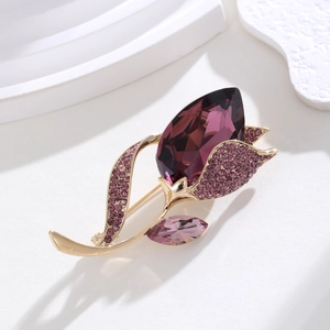 Elegant purple crystal tulip brooch with gold plating for women luxury suit accessory