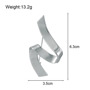 Polished silver ribbon brooch in sleek fluid design with precise size measurements