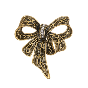 Vintage Zinc Alloy Bowknot Brooch With Rhinestones Antique Gold Silver Plated Embossed Floral Clothes Accessories For Women