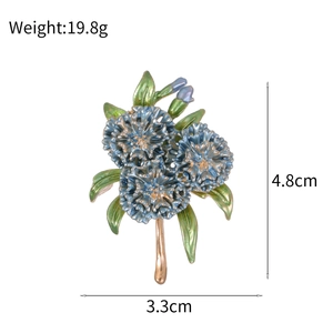 Blue hydrangea flower brooch in blue enamel with rose gold accents, 4.8cm height