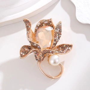 Luxury Gold Alloy Orchid Flower Brooch For Women With Amber Crystal Rhinestones And Pearl Elegant Suit Pin For Banquet Wedding Party Accessory