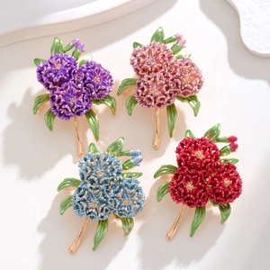 Elegant hydrangea flower brooch collection in purple, pink, blue and red enamel finishes
