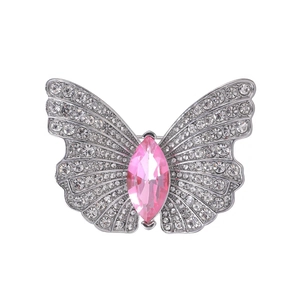 Elegant silver butterfly brooch with sparkling crystals and a pink marquise stone center