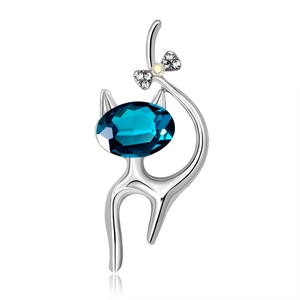 Broche Chat en Alliage de Mode pour Hommes Femmes Gemme de Cristal Bleu Épingle à Revers Animal Plaquée Argent Nœud Strass