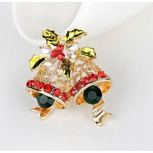 Luxury Christmas Bells Brooch For Women Rhinestone Enamel Holly Leaf Bow Gold Plated Alloy Festive Jewelry Holiday Gift