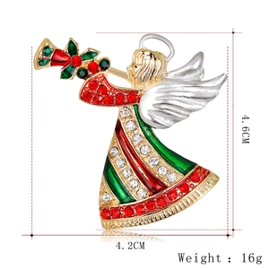 Broche ange de Noël avec strass colorés et ailes dorées en émail, hauteur 4,6cm