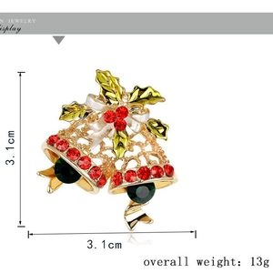 Christmas double bell brooch with red rhinestones and green crystal in 3.1x3.1cm size