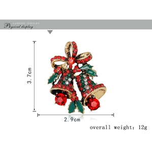 Christmas alloy bell brooch with red and green rhinestones, 3.7cm x 2.9cm dimensions