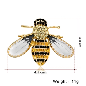 Cute honey bee brooch pin with yellow rhinestones and enamel wings on gold metal base