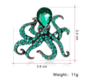 Detailed view of silver octopus brooch with green crystals measuring 3.4 cm by 3.6 cm