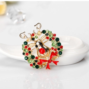 Christmas Reindeer Head Wreath Brooch Alloy Rhinestone Enamel Bow Festive Corsage Pin For Women Party Jewelry Accessories
