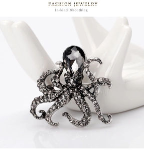 Detail of octopus brooch with pear-shaped grey crystal and pave-set grey rhinestones