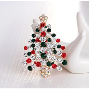 Broche Sapin de Noël en Alliage Plaqué Or avec Strass pour Femme Bijou en Cristal Rouge Vert Blanc pour Fête Cadeau
