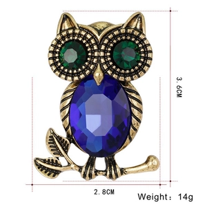Spilla vintage a forma di gufo con cristallo blu e occhi verdi, 3,6cm x 2,8cm