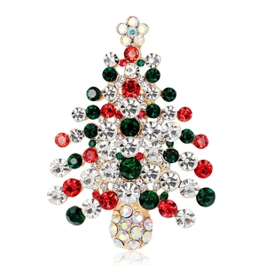 Broche sapin de Noël étincelante avec strass colorés et monture en alliage doré