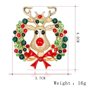 Christmas reindeer wreath brooch with red bow and colorful rhinestones in gold finish
