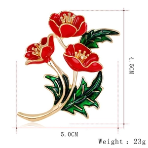 Rote Emaille-Mohnblumen-Brosche mit goldenen Blättern und Maßen von 4,5 x 5,0 cm