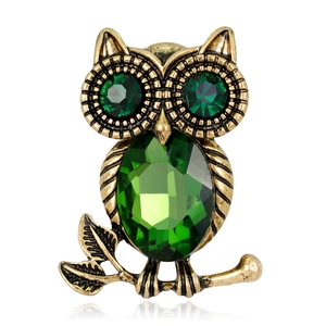 Spilla Gufo Vintage Con Cristallo di Vetro Verde Champagne Strass Intarsiato in Lega Ramo per Donna Uomo Gioielli Animali Retrò