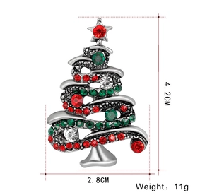 Detailed view of Christmas tree brooch dimensions 4.2cm by 2.8cm with colorful rhinestones