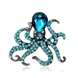 Elegant silver octopus brooch with deep blue crystal teardrop and sparkling blue zircon stones